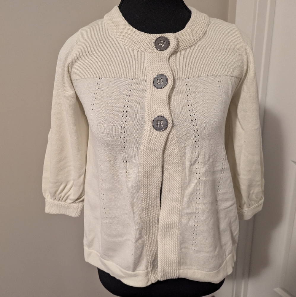 DEVOTED | Elegant 3/4 Sleece Cream Button-Up Cotton Cardigan, Size Small